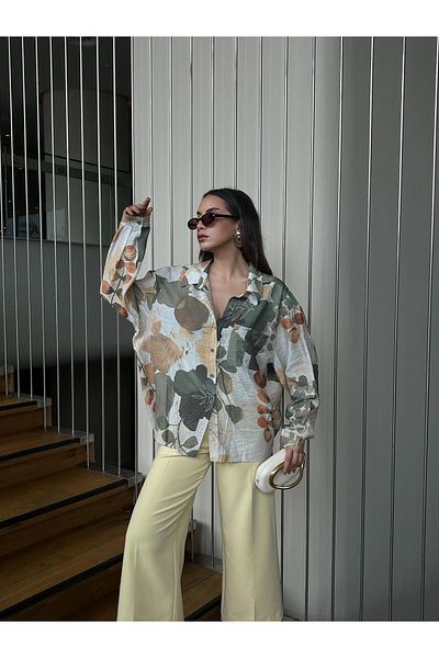 minaaise Cămașă oversize cu model din țesătură mango kaki pentru femei, cu buzunare 29084