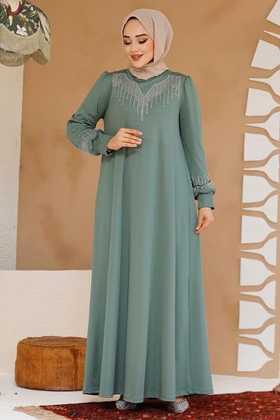 Neva Style Beaded Green Hijab Dress 23815Cy