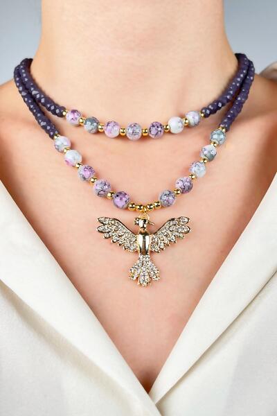 Sose Moda Anka Uçlu Kristal ve Cam Boncuk Kolye - Mor