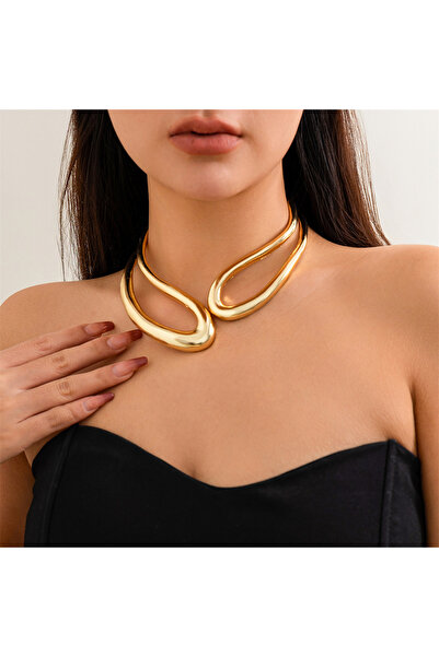 Choice قلادة تشوكر كبيرة مفتوحة من المعدن الثقيل باللون الذهبي 1 للنساء بتصمي...