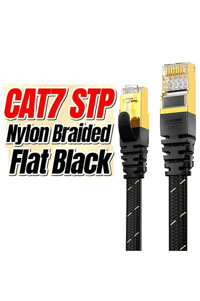 Choice كابل إيثرنت Ampcom Cat7 أسود بطول 5 أمتار، كابل شبكة LAN مسطح، كابل شبكة SFTP دائري RJ45، سلك إنترنت Cat 7