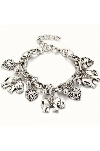Choice SILVER PLATED Boho Vintage Carved Elephant Charm Bracelet - Romantic Heart Detail, Versatile Accesso