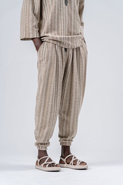 Superbluemexico Ανδρικό άνετο λινό φαρδύ παντελόνι μπαγκέτας καφέ