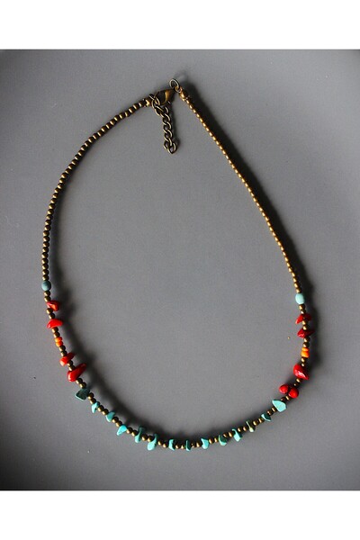 dela otantik El Yapımı Otantik Kolye – Mercan ve Turkuaz Taşlı, Etnik ve Bohem Tarz Zarif Takı - Necklace Jewelry