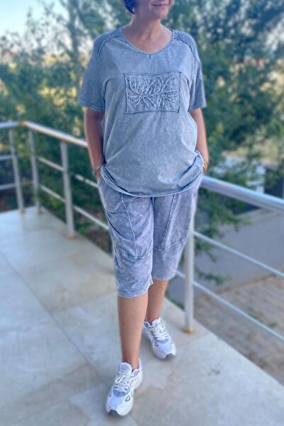 Mia Butik Large Size Gray Leaf Patterned Bermuda Suit