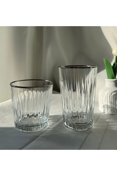 Şahika Kristal cama atılan imza 12-Piece Ahsen Platinum (Silver) Water and Soft Drink Set