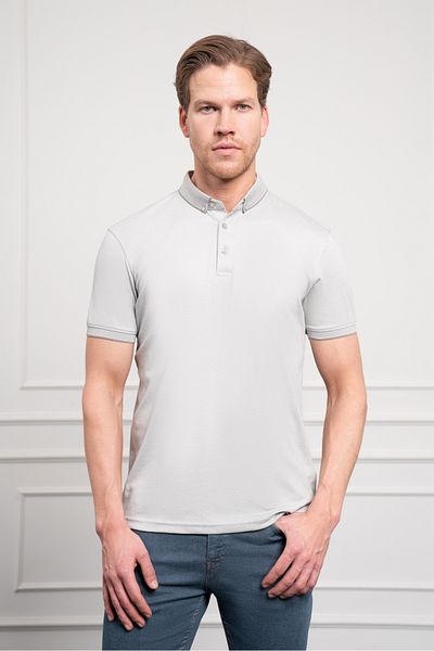 Morven Tricou pentru bărbați, gri Trend Mercerized, cu guler cu nasturi, cu potrivire dinamică