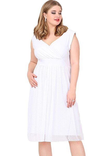 angelino butik Kadın Esnek Puantiye Tül Esnek Şık Midi Beyaz Abiye Elbise KL3054