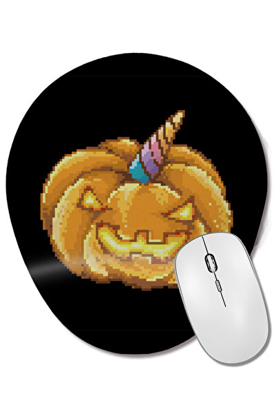 BASKI DÜNYASI Halloween Jack O Lantern Unicorn Pixel Art Mouse Pad oval cu suport pentru încheietura mâinii