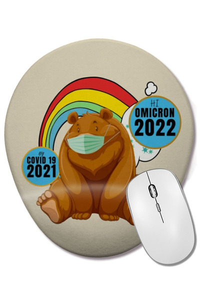BASKI DÜNYASI Mouse Pad oval cu suport pentru încheietura mâinii, cu sarcasm, amuzant, vintage, cu urs care spune „Bună ziua, Omicron”, virusul Covid 2022