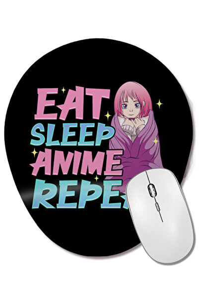 BASKI DÜNYASI Mouse Pad oval cu suport pentru încheietura mâinii, cu imprimeu amuzant de fată obsesată cu anime, mănâncă, dormi, anime, repetă.