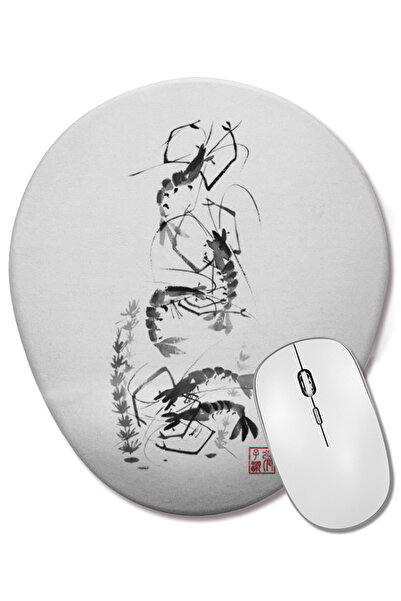 BASKI DÜNYASI Mouse Pad oval cu suport pentru încheietura mâinii, cu pictură tradițională chineză, cu creveți care adună bile
