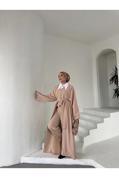 FMN Moda Comfortable Stylish Trend Design Triple Vest Pants with Belt Long Coat Kimono Loose Islamic Suit