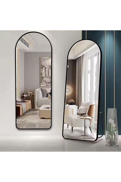 Generic مرآة كاملة الطول بتصميم عصري مستطيلة مع انحناء دائري واطار معدني باللون الأسود مقاس 176x77سم