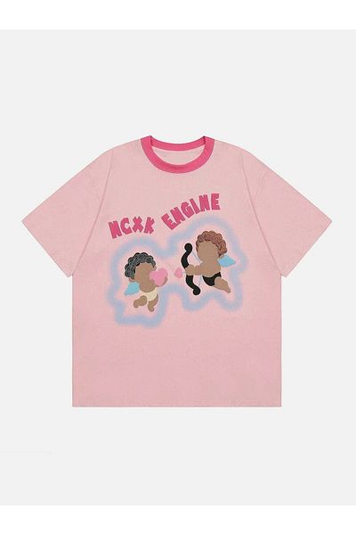 Gofeel Harajuku Street Cute Angel Print Detailed Unisex Short Sleeve T-Shirt