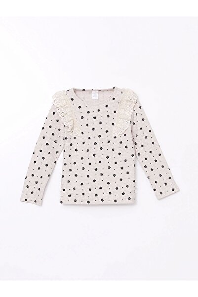 LC Waikiki Lcw Kids Beige Crew Neck Floral Girls Blouse and Leggings Pants 2Pcs