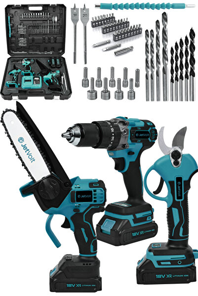 JetVolt 3 lü Set Kömürsüz Motor Çift Akülü Şarjlı Matkap Şarjlı Budama Makası...