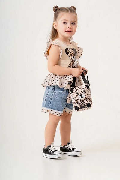 Pasur Bebe Girl's Set with Teddy Bear T-Shirt, Bag and Denim Shorts