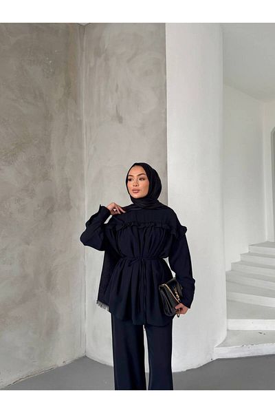 FMN Moda Hijab Palazzo Button Detail Ruffled Belted Loose Blouse Tunic Equivalent Comfortable Stylish Fabric Two-Piece Set