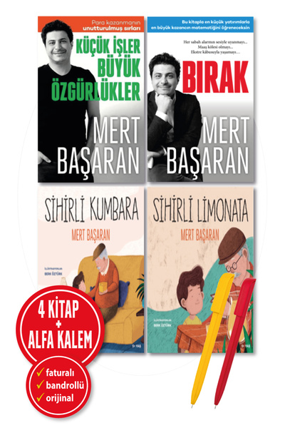 Butik Yayınları Alfa Kalem+ Mert Başaran 4 kitap Küçük İşler Büyük Özgür+Bırak+Sihirli Kumbara+Sihirli Limonata