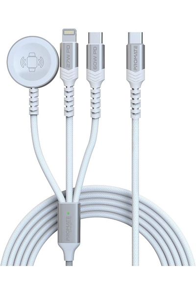 Promate 3-in-1 Charging Cable, 60W USB-C, 27W Lightning, Apple Watch, 1.5m, iCharge-Trio (White)