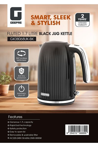 Geepas 1.7 L Fluted Jug Kettle-GK38068UK-GR, 360-Degrees Rotation, Boil Dry Protection and Automatic CutOff