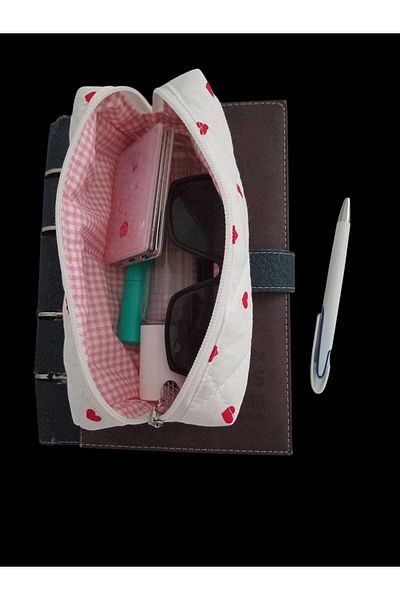 nartella Heart Patterned Medium Size Quilted Bag – Makeup, Pen Holder and Organizer