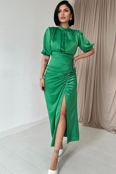 modaserdem Women's Green Gathered Satin Night-Graduation-Wedding-Evening Dress