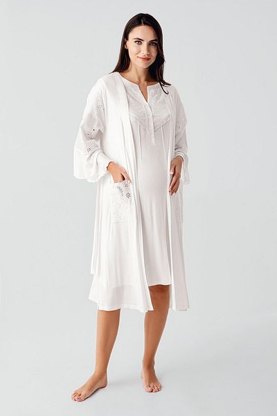 Artış Short Sleeve Buttoned Voile Detailed Flexible Viscous Maternity Dressing Gown Nightgown Set