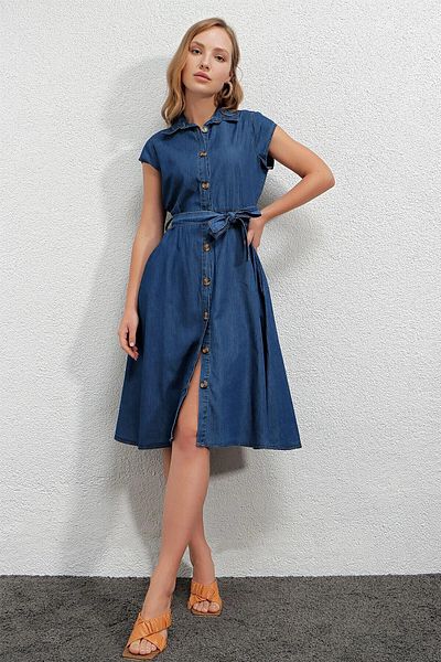 hazelin Rochie cămașă din denim cu mânecă scurtă, cu nasturi, cu centură în talie, Hzl22s-bd 121761