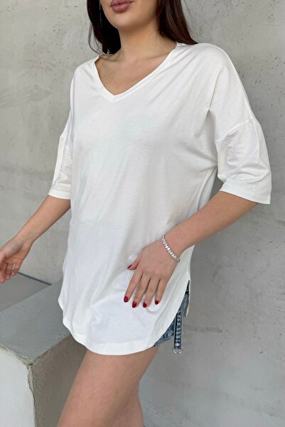 modavingo Γυναικείο εκρού V-λαιμόκοψη Casual Cut Tunic