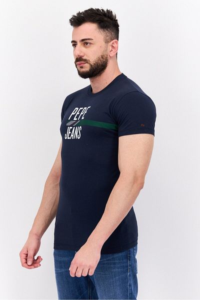 Pepe Jeans تي شيرت رجالي قصير برقبة دائرية وطبعة جرافيكية، أزرق داكن