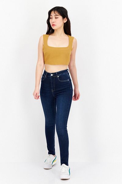 NA-KD Women Skinny Fit Dark Wash Stretchable Denim, Navy