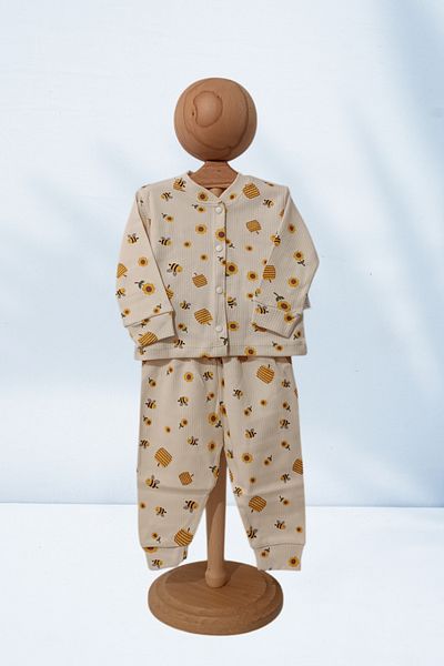 Baby s Breath Flower 100% Cotton 3-6-9-12 Months Baby Girl Bee Patterned Shirt Collar Snap Fastener Bottom Top Pajama Set 2 Piece Set