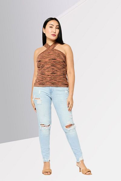 Dkny Women Criss Cross Neck Sleeveless Space Dye Pattern Top, Multicolor
