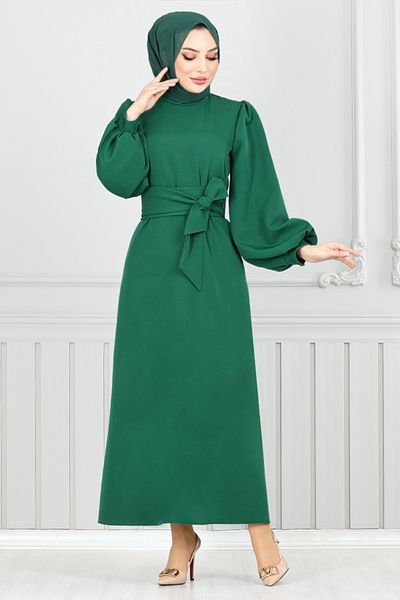 ModaMerve Μπαλόνι μανίκια Hijab βραδινό φόρεμα ανοιχτό σμαραγδένιο 5527END900-M