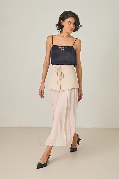 Setre Beige Pleated Detailed Long Skirt with Zipper and Binding Detail