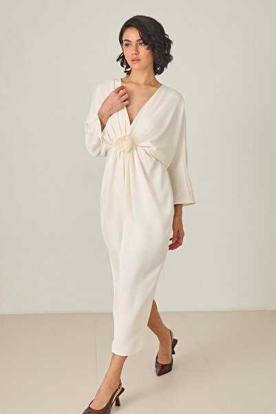 Setre Cream Deep Cut and Rose Detailed Long Dress