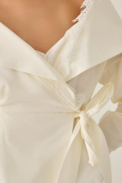 Setre Ecru Off-Shoulder and Lace Detailed Tie-Up Wide Fit Shirt