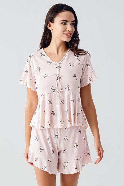 Artış Bow Patterned Short Sleeve Flexible Viscose Shorts Pajama Set