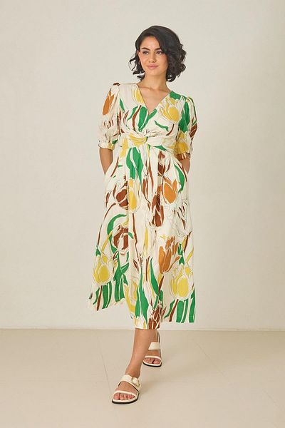 Setre Ecru-Yellow V-Neck Sleeve Detailed Patterned Linen Dress with Waistband