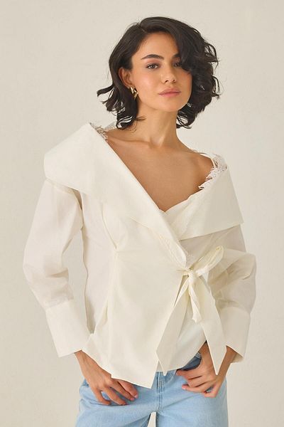 Setre Ecru Off-Shoulder and Lace Detailed Tie-Up Shirt