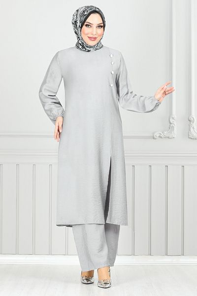 ModaMerve Σετ Hijab με πλαϊνά κουμπιά 4075pm1063-m Γκρι