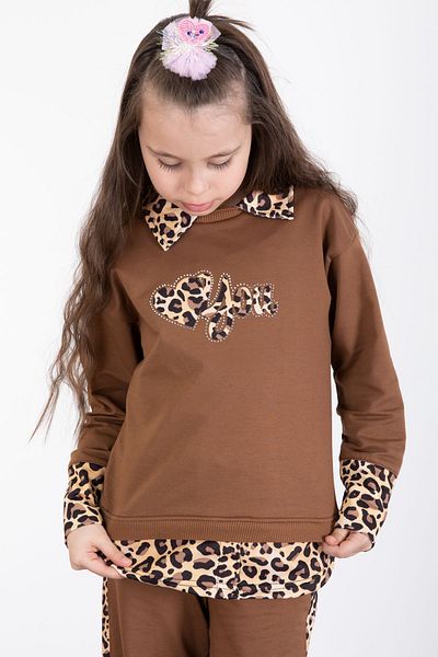 Cansın Mini Brown Leopard Stripe Detailed Heart Girl's Bottom Top 2 Piece Set 20524