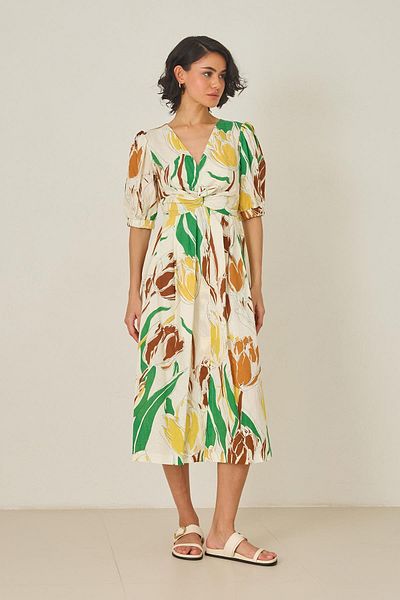 Setre Ecru-Yellow V-Neck Sleeve Detailed Patterned Linen Dress with Waistband