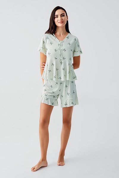 Artış Bow Patterned Short Sleeve Flexible Viscose Shorts Pajama Set