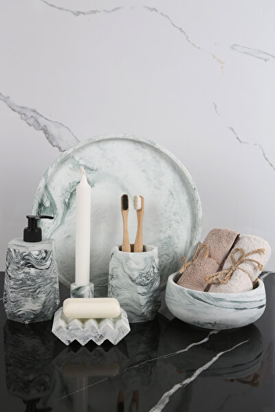 betonmall 6 Piece Marble Patterned Concrete Bathroom Set Solid And Liquid Soa...