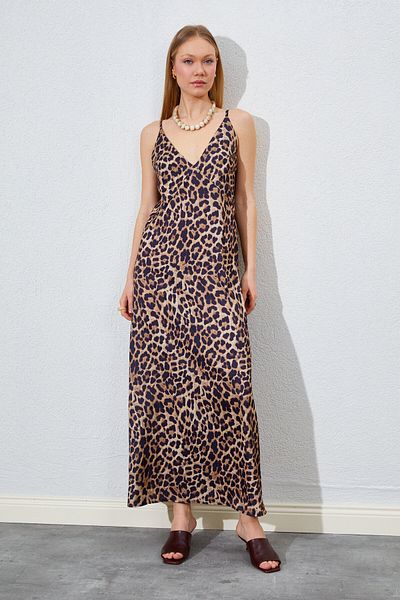 Manche V-Neck Strappy Leopard Print Long Satin Dress |   Mks 281636 -01