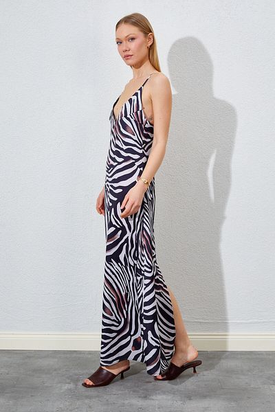 Manche V-Neck Straps Zebra Patterned Long Satin Dress |   Mks 281636 -01