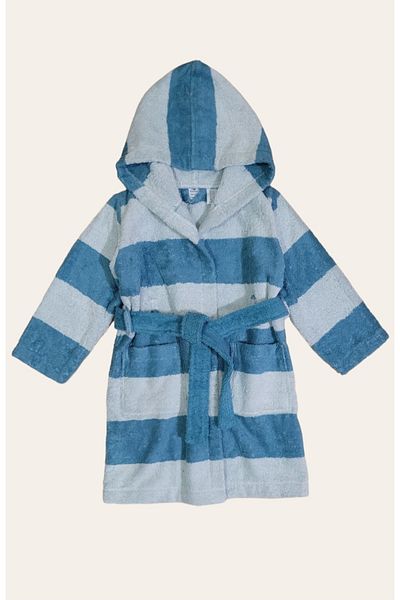 Alpar Tekstil Outlet Hooded Cotton Soft Unisex Girl's Bathrobe Striped/Blue